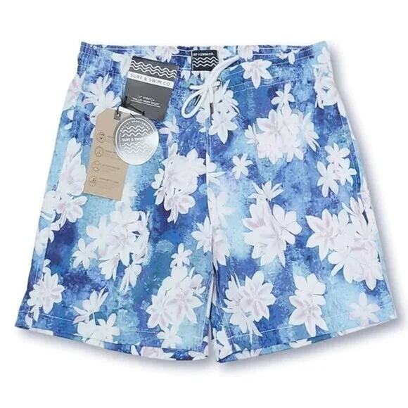NWT Trunks Surf & Swim Floral Watercolor Print Drawstring Beach Pool Swim Shorts - Picture 5 of 7